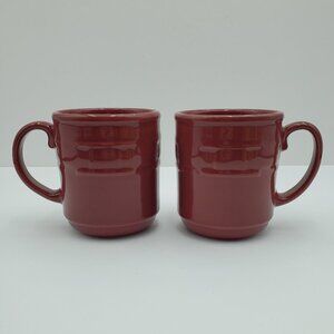 Longaberger Pottery Woven Traditions Paprika Mugs Red Embossed Basketweave Mugs